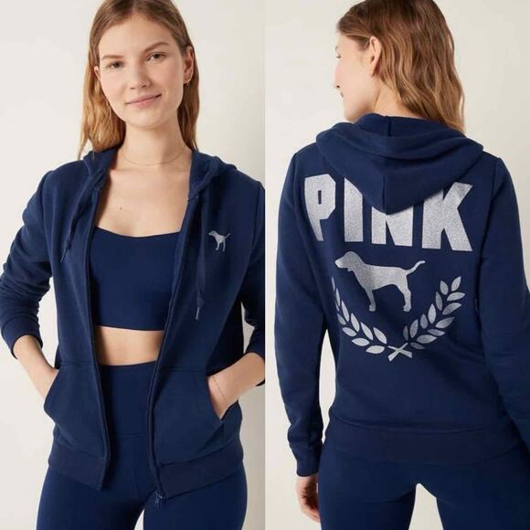 Victoria's Secret PINK Campus Bling Full Zip Glitter Hoodie Navy Blue Sz XL - Picture 1 of 6
